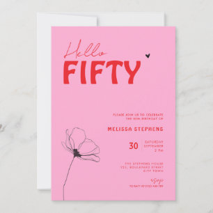 Convite Aniversário de 50 anos Retro Bold Typo Rosa Vermel