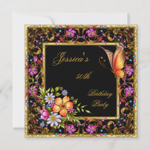 Convite Aniversário de 50 anos Rosa Floral Borboleta Preto
