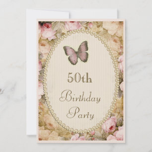 Convite Aniversário de 50 anos Rosas Vintage Borboleta, No