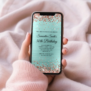 Convite Aniversário de 50 anos Rose Gold Glitter Turquesa