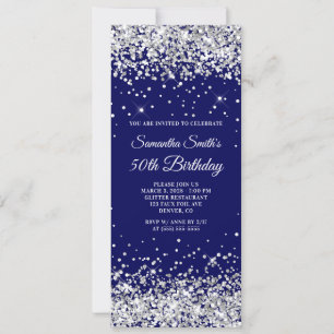 Convite Aniversário de 50 anos Silver Glitter Navy
