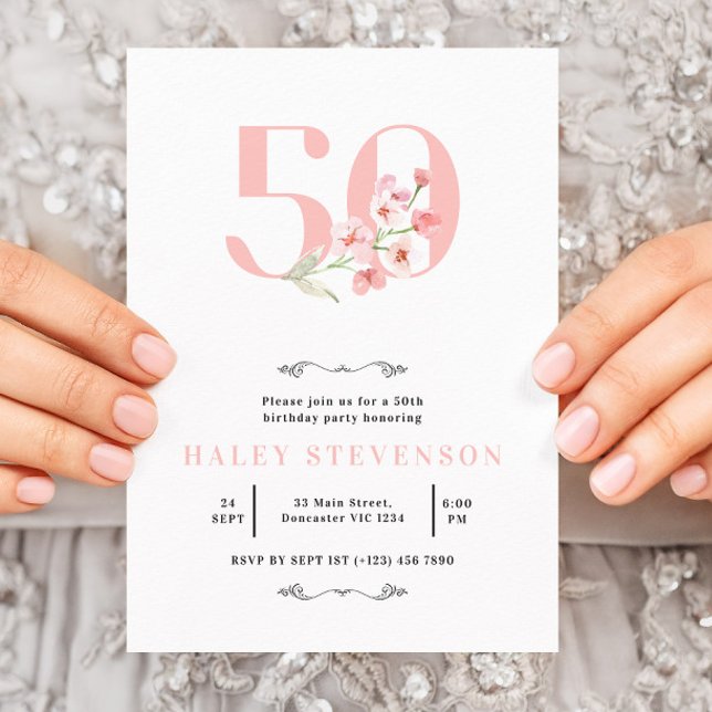 Convite Aniversário de 50 anos Simples Rosa e Branco Flora (Criador carregado)