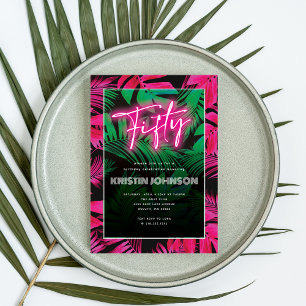 Convite Aniversário de 50 anos Tropical Rosa Neon na Moda