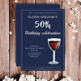 Convite Aniversário de 50 anos Vinho Tinto Azul Marinho Aq