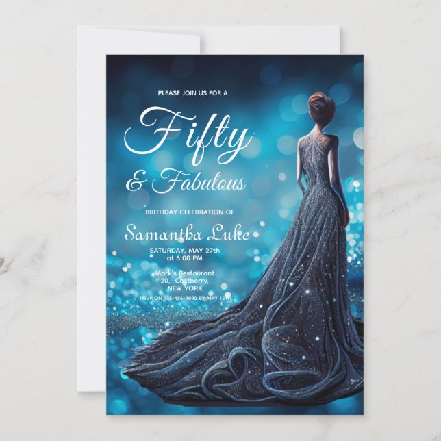 Convite Aniversário de 50 Fabuloso Vestido Azul Silver (Frente)