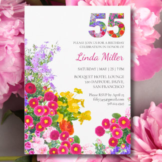 Convite Aniversário de 55 anos Colorido Floral Festa no Ja