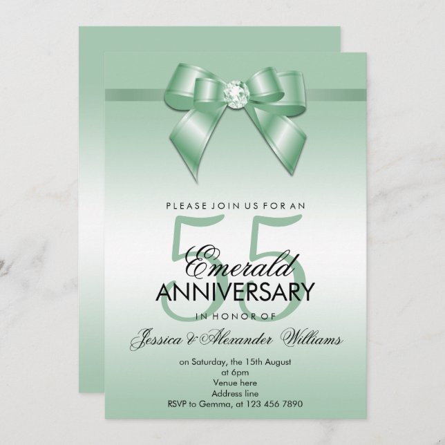 Convite Aniversário de 55 anos de casamento Emerald Bow &  (Frente/Verso)