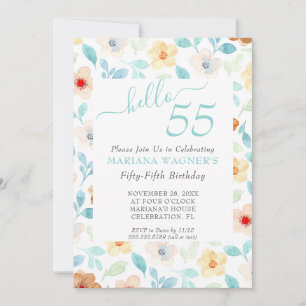 Convite Aniversário de 55 anos Floral Azul Turquesa Amarel