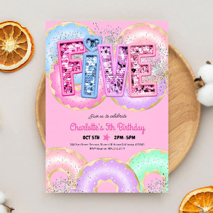 Convite Aniversário de 5 anos com Donut Rosa Lantejoulas B