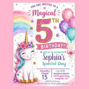 Convite Aniversário de 5 anos da Menina Unicórnio Mágico