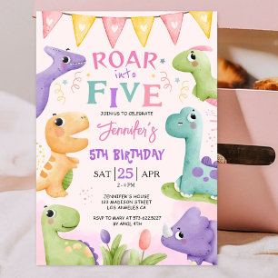 Convite Aniversário de 5 anos do Dinossauro Rosa Fofo Rugi