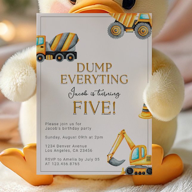 Convite Aniversário de 5 anos Dump Everything Construção (Criador carregado)
