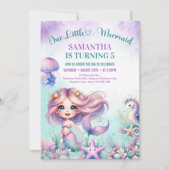 Convite Aniversário de 5 de sereia roxa com aquarela (Frente)