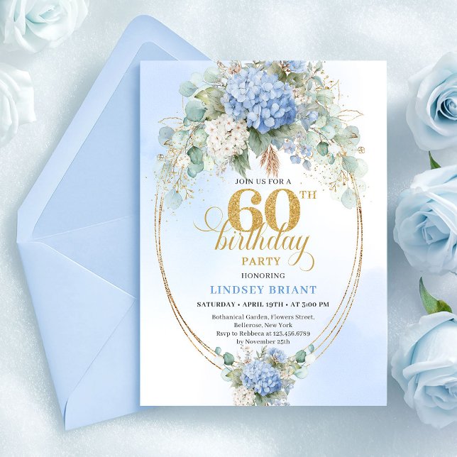 Convite Aniversário de 60 anos Bohemian Sofisticado Azul D (Graceful Bohemian Soft Blue Gold 60th Birthday)