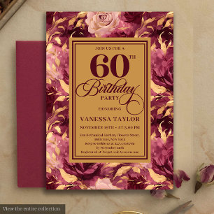 Convite Aniversário de 60 anos Burgundy Bege Dourado Flora