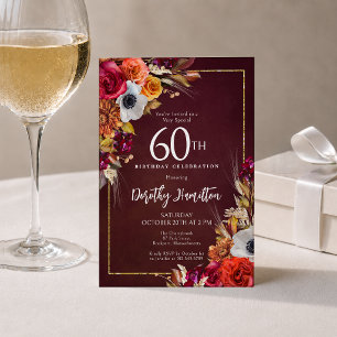 Convite Aniversário de 60 anos Burgundy Flores de Outono G