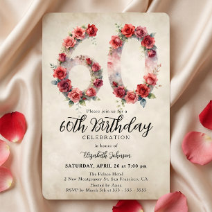 Convite Aniversário de 60 anos com Aquarela Elegante Rosa