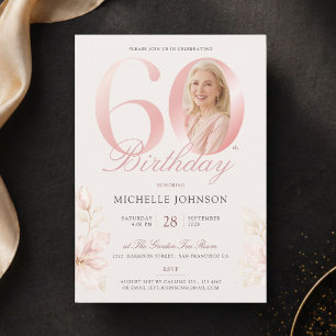 Convite Aniversário de 60 anos com Foto Floral Rosa Elegan