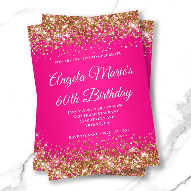 Convite Aniversário de 60 anos com Glitter Dourado Rosa Qu (Gold Glitter Hot Pink Fancy Monogram 60th Birthday Invitation)