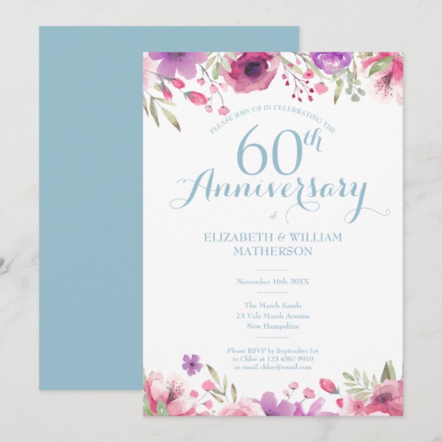 Convite Aniversário de 60 anos de Casamento Aquarela Flora (Frente/Verso)