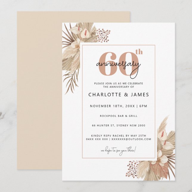 Convite Aniversário de 60 anos de casamento Boho Pampass G (Frente/Verso)