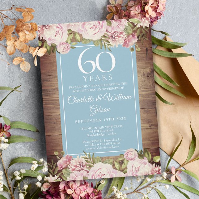 Convite Aniversário de 60 anos de Casamento Rosas Rústicas (60th Wedding Anniversary Rustic Roses Greenery Invitation)