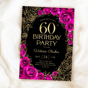 Convite Aniversário de 60 anos elegante em rosa fúcsia, pr
