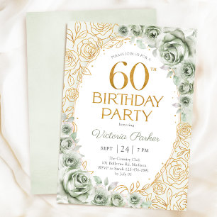 Convite Aniversário de 60 anos elegante em verde sage dour