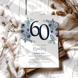 Convite Aniversário de 60 anos Elegante Floral Azul