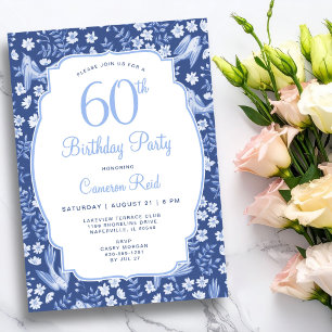 Convite Aniversário de 60 anos Elegante Floral Azul Femini