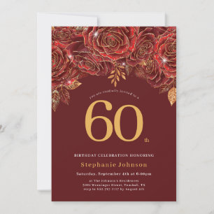 Convite Aniversário de 60 anos Elegante Floral Dourado Bor