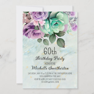 Convite Aniversário de 60 anos Elegante Floral Roxo Verde 