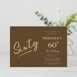 Convite Aniversário de 60 anos Elegante Marrom Dourado Pin