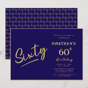 Convite Aniversário de 60 anos Elegante Navy Gold Brush Sc