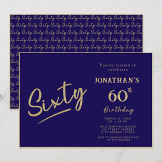Convite Aniversário de 60 anos Elegante Navy Gold Brush Sc