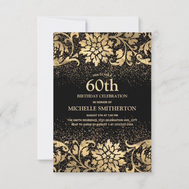 Convite Aniversário de 60 anos Elegante Preto Dourado Flor (Frente)