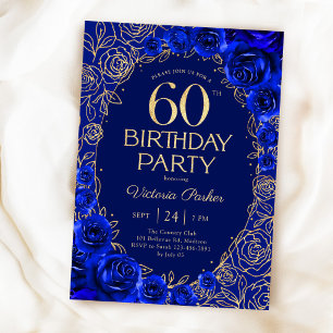 Convite Aniversário de 60 anos Elegante Royal Azul Dourado