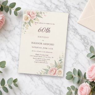 Convite Aniversário de 60 anos em Aquarela Rosa Floral