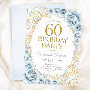 Convite Aniversário de 60 anos em azul poeirento e dourado