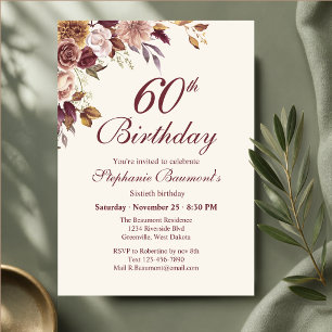 Convite Aniversário de 60 anos em canto floral creme bordô