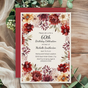 Convite Aniversário de 60 anos em Floral Aquarela Creme Bo