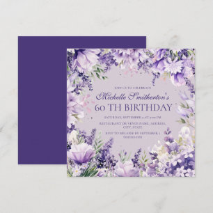 Convite Aniversário de 60 anos em floral roxo com aquarela