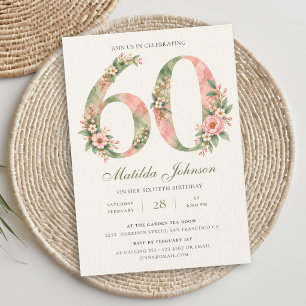 Convite Aniversário de 60 anos em Floral Sage Verde Rosa E