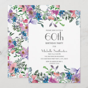 Convite Aniversário de 60 anos feminino floral roxo azul