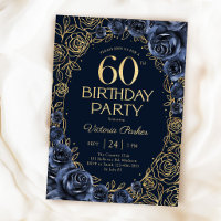 Aniversário de 60 anos floral azul marinho dourado