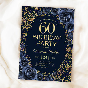Convite Aniversário de 60 anos floral azul marinho dourado