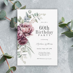 Convite Aniversário de 60 anos Floral Boho Rústico em Borg