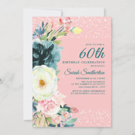 Convite Aniversário de 60 anos Floral Creme Rosa Teal