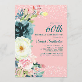 Convite Aniversário de 60 anos Floral Creme Rosa Teal