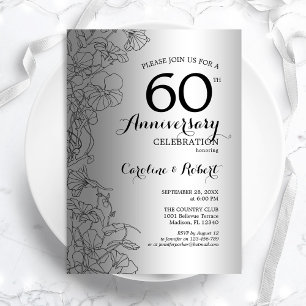 Convite Aniversário de 60 anos Floral de Prata Diamante